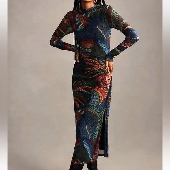 FARM Rio | Dresses | New Farm Rio Mesh Dress Mock Neck Slim Midi Leaves  Romantic | Poshmark